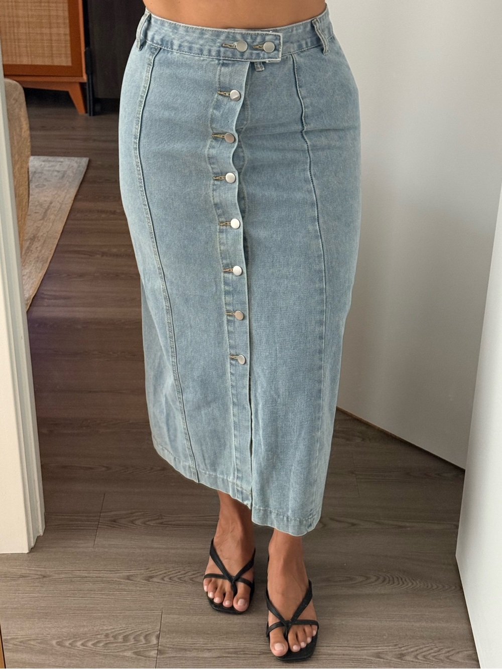 High-Rise Light Blue Denim Button-Front Midi Skirt